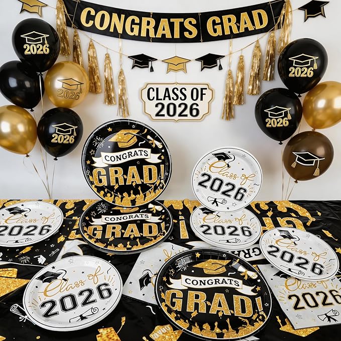 Graduation Plates and Napkins 2026,97PcsBlack Disposable Grad Plates Class of 2026 Dessert Plates Napkins,Tablecloth,Forks,Graduation Decorations for Congrats Grad Party,Serve 24
