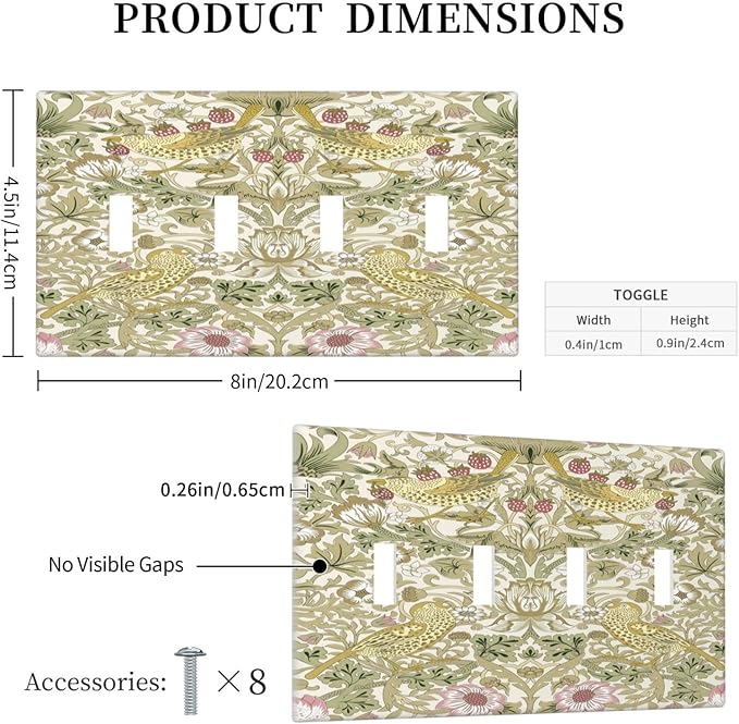 William Morris Vintage Strawberry Bird Botanical Light Switch Covers Quad Toggle Electrical Faceplate 4 Gang Wall Plate Decorative Switch Plates Cover for Farmhouse Home Decor