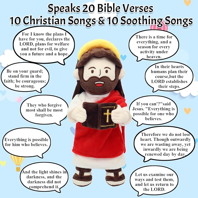 Yelakey Jesus Plush Talking Doll with Halo,Speak 20 Bible Verses & 20 Songs,13.4" Interactive Hymn Stuffed Plushie Perfect Religious Gift for Kids Sunday School & Easter Celebrations