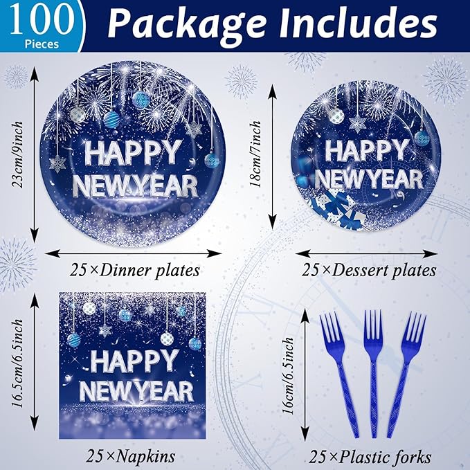 100PCS Happy New Year Party Plates and Napkins Party Supplies Blue 2026 New Year's Eve Platters Dessert Cake Tableware Set Party Decor Favor for New Year Evening Party Celebration Decoration Serves 25
