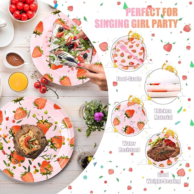 CANREVEL 96 PCS Strawberry Party Plates Serve 24, Strawberry Plates and Napkins Forks Set, Disposable Tableware for Birthday Party Supplies Decorations for Grils Kid Women Adult