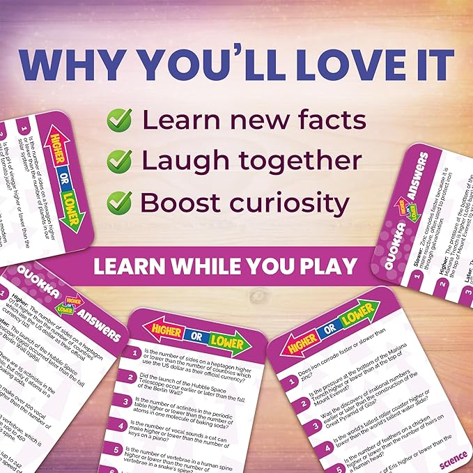 QUOKKA Science Board Games for Kids and Adults – Family Board Games for Family Game Night – Higher or Lower Trivia Cards for Kids 8-12 – Guess Fun Questions – Educational Card Game for Families&Teens