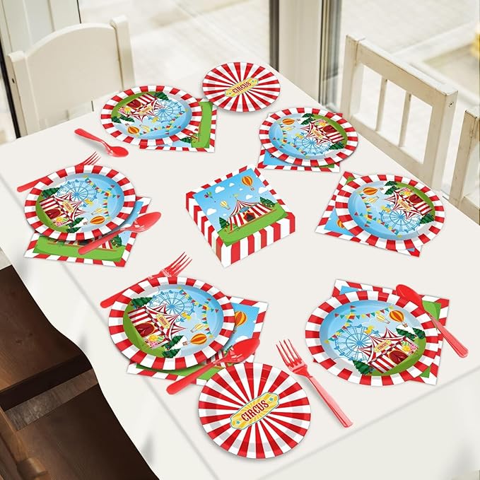200pcs Circus Party Plates Napkins Forks Carnival Themed Party Tableware Set Red White Party Disposable Paper Dessert Cake Dinnerware Boy Girl Happy Birthday Party Baby Shower Decor Supplies Serves 50