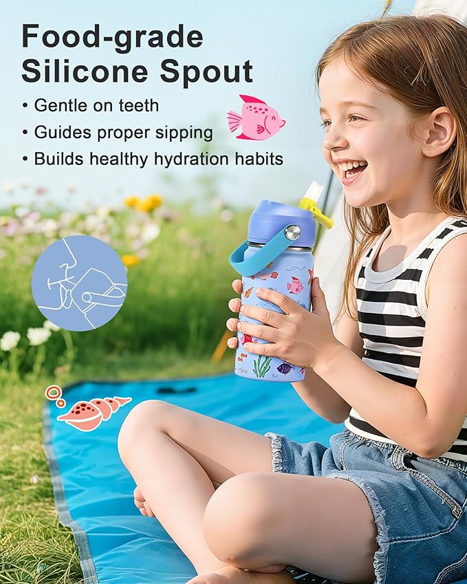 Kids Water Bottle 14oz with Silicone Straw Lid - Insulated Toddler Water Bottle Stainless Steel Keeps Cold 24H, Leak Proof & Ocean Animal Prints Design | Custom Name Tag for School, Daycare, Travel