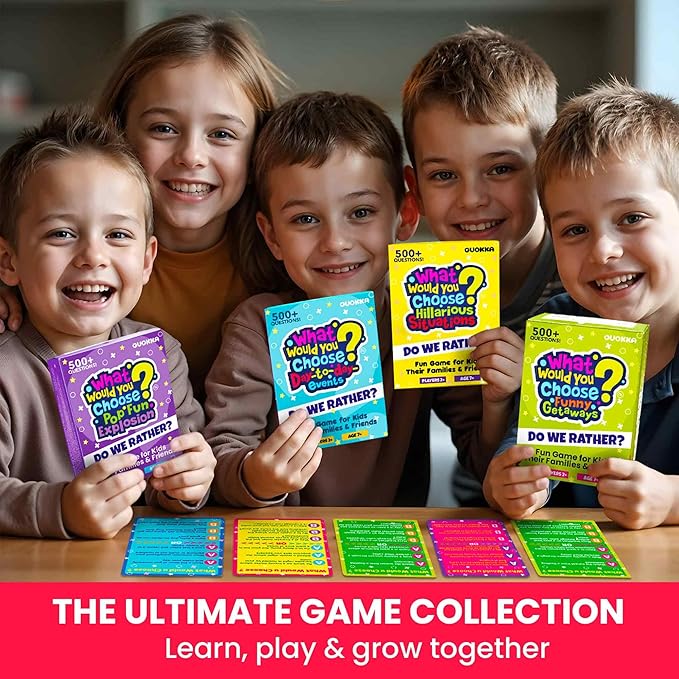 QUOKKA 4-Pack Card Game – 2000+ Hilarious Questions – Funny Family & Party Board Games for Kids, Teens, Adults – Travel, Pop Culture, Daily Life & Situations – What Would You Choose Challenges Ages 8+