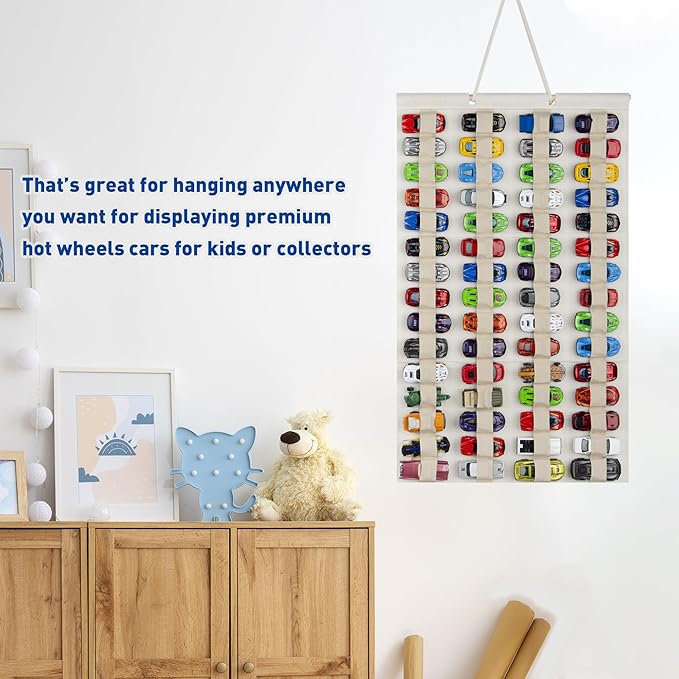 Hanging Storage Organizer for Toy Cars Felt Display Case Hold Up 60 Toy Cars (Cream)