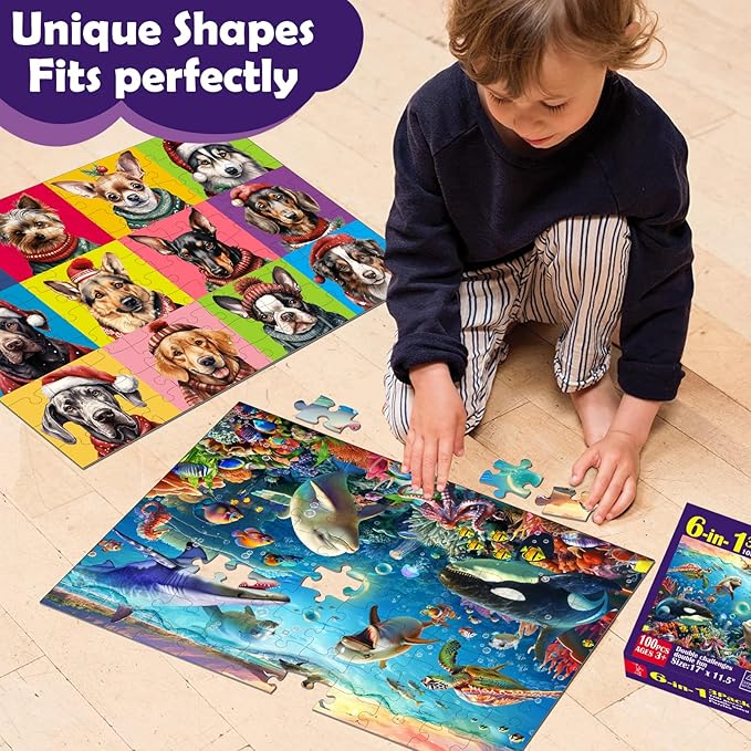 Puzzles for Kids Ages 4-6 and 6-8,3 Pack 100 Pieces Double Sided Jigsaw Puzzles for Kids Ages 8-10 Year Old (6-in-1),Learning Educational Puzzles Toys for Boys and Girls,17” x 11.5”