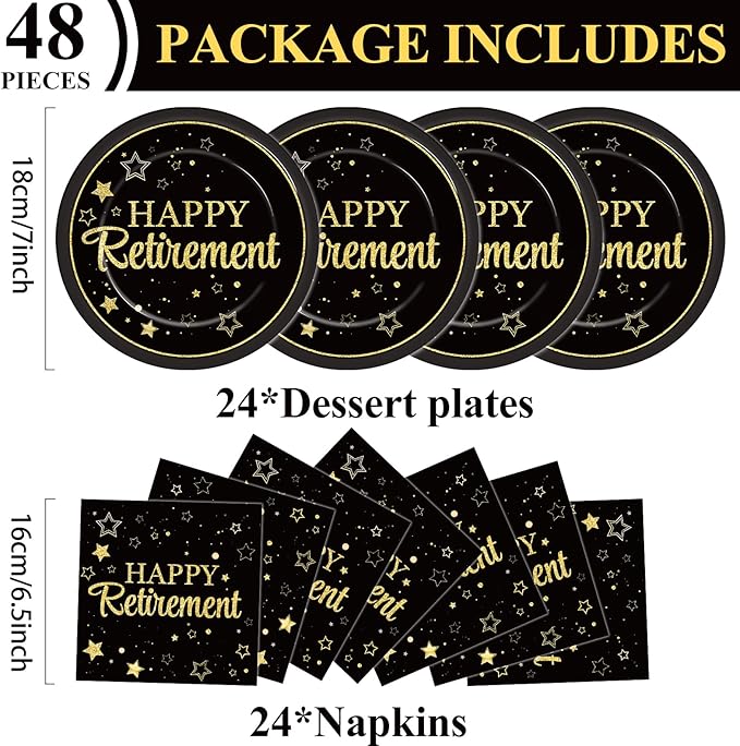 48Pcs Happy Retirement Paper Plates and Napkins Retirement Party Decorations Farewell Black and Gold Party Supplies Disposable Dinnerware Dessert Plates for Birthday Graduation Women Men Serves 24