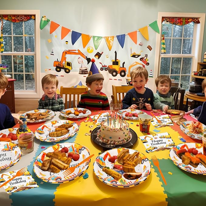 100 Pcs Construction Birthday Party Supplies - Construction Themed Plates and Napkins Forks Set, Disposable Dump Truck Tableware for Boys Kids Birthday Party Decorations Favors, Serve 25 Guests