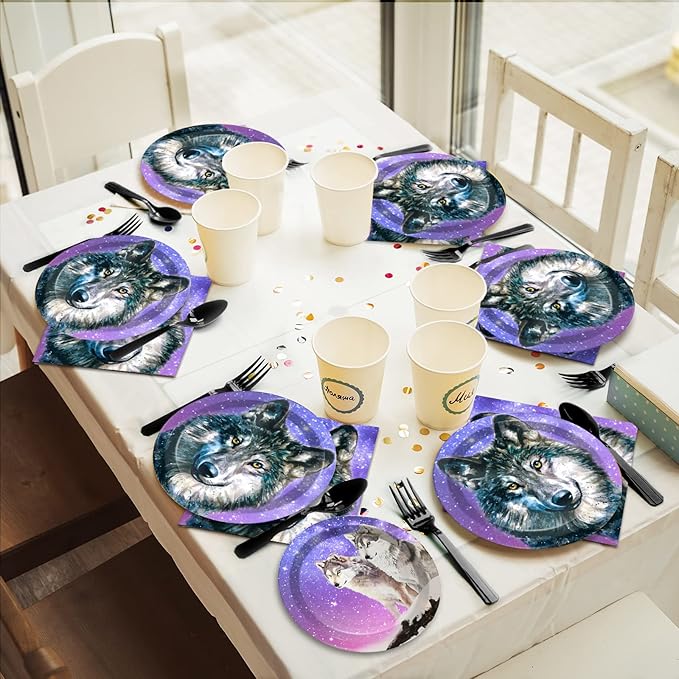 96 Pcs Wolf Party Plates Napkins Tableware Set Wolf Animal Birthday Supplies Disposable Dinnerware Wolves Decoration Favors for Boys Girls Birthday Baby Shower, 24 Guests