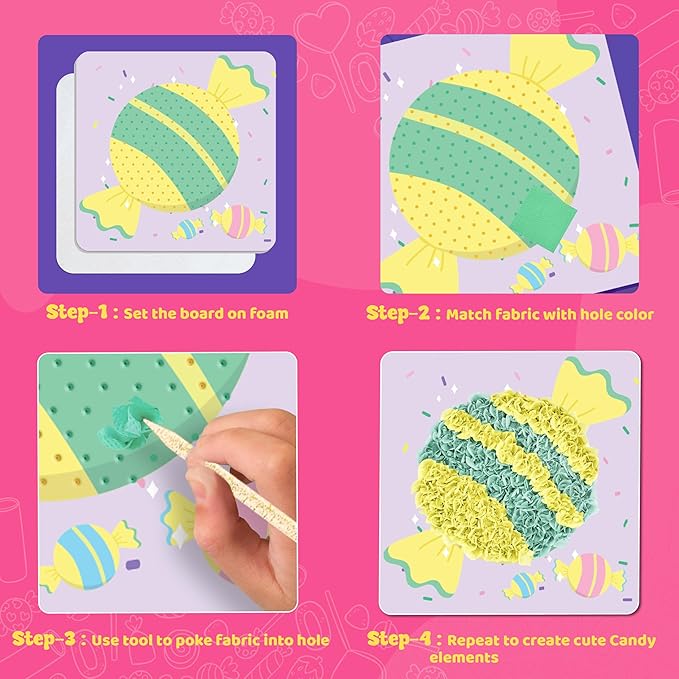 jackinthebox Poke Poke Art for Kids - Candyland Theme, Mess-Free Fabric Art and Craft, Flower Pressing Kits, Gift for Kids, DIY Activity Boy Gift for Girls and Boys Ages 4 5 6 7 8