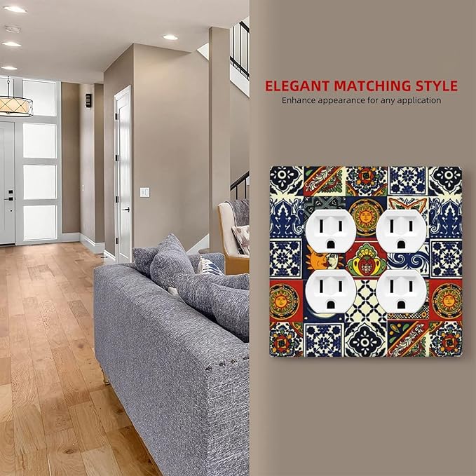 Boho Hippie Sun and Moon Mexican Talavera Tile 2-Gang Device Duplex Wall Plate, Mysterious Hippy Moroccan Tiles Decorative Two Gang Double Duplex Receptacle Socket Outlet and Light Switch Cover Plate