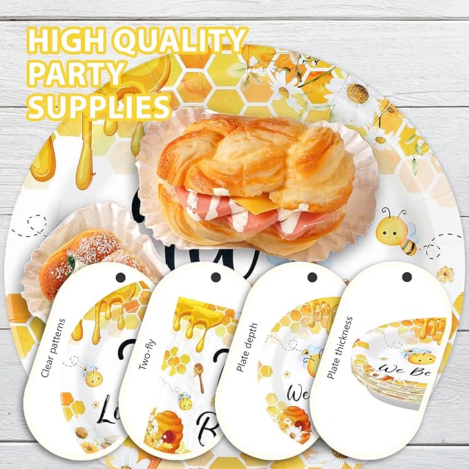 96Pcs Two Little Bees Party Supplies Bumble Bee Twins Theme Plates and Napkins Tableware Sets We Bee Twins Party Decorations for Bees Twins Baby Shower 2nd Birthday Decorations Serves 24