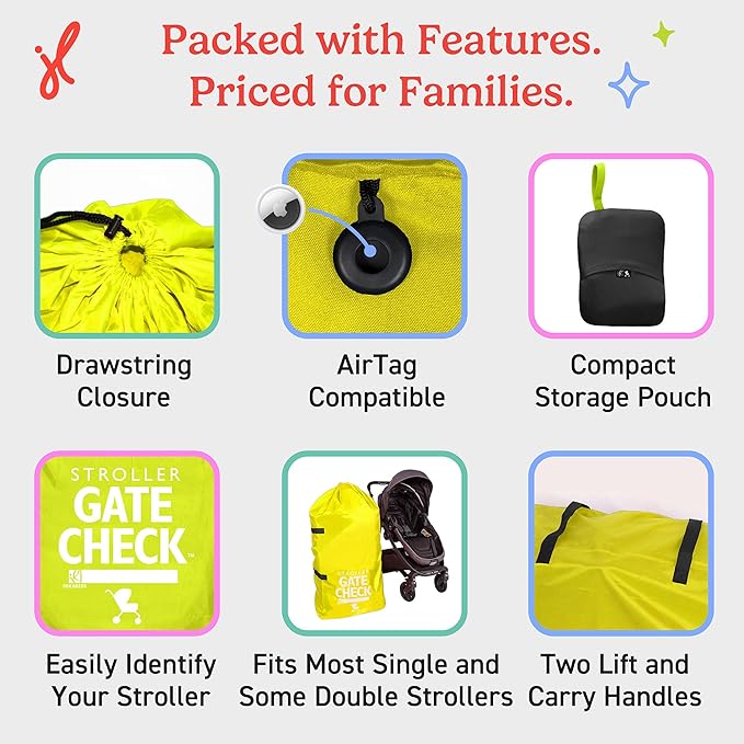 J.L. Childress Gate Check Bag for Single & Some Double Strollers - Travel Bag for Airplane, Fits Most Standard Baby Strollers, Airport Accessories Gate Check, Flying Essentials - Neon Yellow