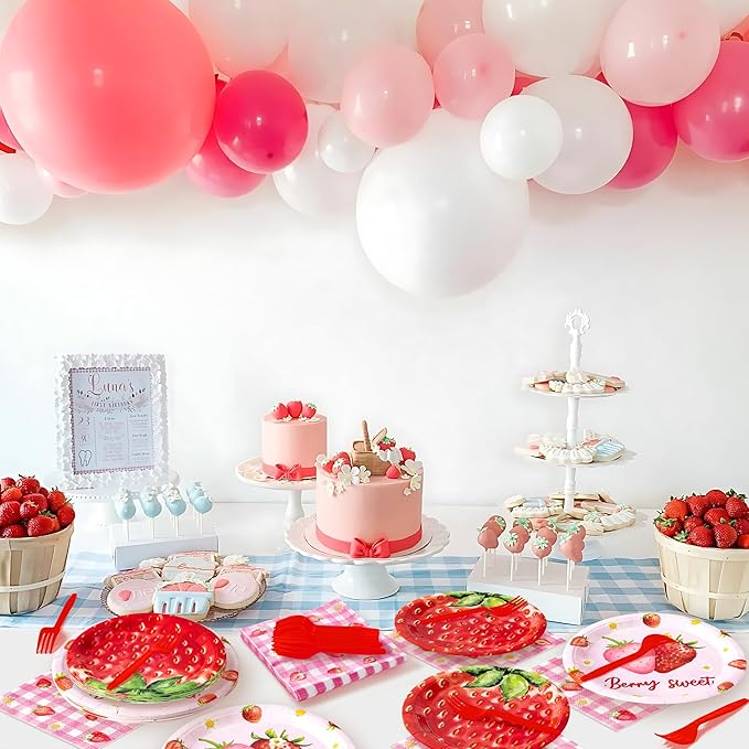 Strawberry Party Supplies - 96Pcs Adorable Watercolor Strawberry Plates Napkins Forks Tableware Set, Disposable Paper Plates Party Decoration for Kids Birthday Picnic Table Decor, Serve 24