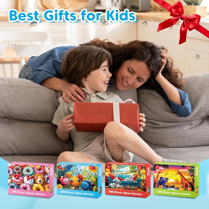 4 Packs 100 Piece Puzzles for Kids Ages 4-6 6-8 8-10, Cute Donuts & Insects & Dalmatians & Animals Educational Jigsaw Puzzles, Birthday Xmas Gifts for Boys Girls Teens Adults Kids Puzzles 4-6 5-8