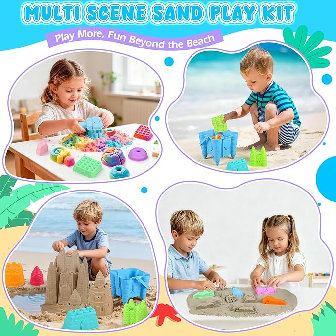 Beach Toys, Creative Sand Toys for Kids Boys and Girls, Sand Castle Building Kit with Stack Castle Buckets, Tools, Mesh Bags, Character Molds for Role Play, Outdoor Toys for Toddlers Kids Ages 3-10