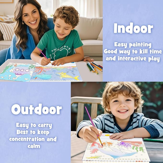 JCREN Paint with Water Books for Kids, Watercolor Coloring Book Mess Free Watercolor Painting Set, Arts and Crafts Water Color Paint Kit Birthday Gifts for Kids Toddlers 3-5 Boys Girls(Sea)