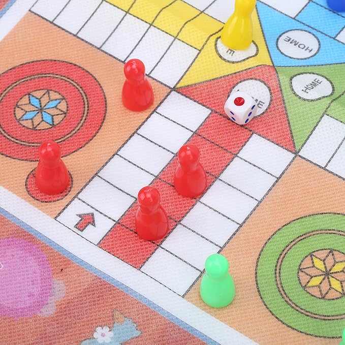 Snake and Ladder Flying Chess Set Portable 2 in 1 Board Game for Kids and Families Non Woven Fabric Colorful 36 x 25cm Includes Storage Bag 16 Pieces Dice