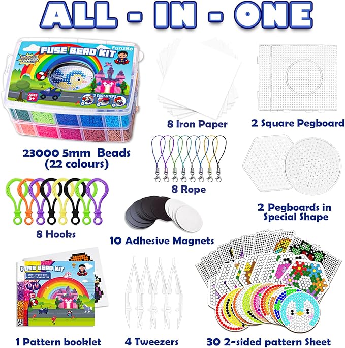 FUNZBO 23000 5mm Fuse Beads Kit - 22 Colors | 106 Patterns, School Arts and Crafts Supplies for Kids, Toys Set, Art Decorations for Room, Birthday Gifts for Girls and Boys Age 5+