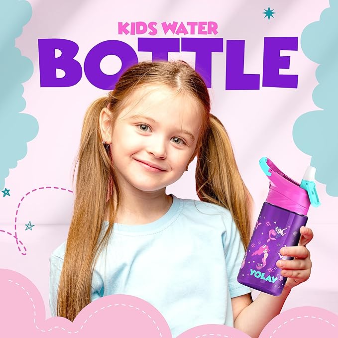 YOLAY 15oz Kids Water Bottle For School Boys and Girls, Durable Toddler Water Bottle with Straw Lid Leak-Proof, Spill Proof, Easy Clean and Dishwasher Safe with Re-Usable and BPA Free - Mermaid