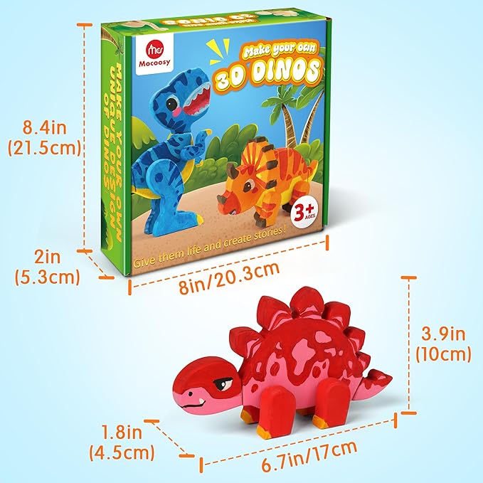 Mocoosy Wooden Dinosaur Painting Art and Craft Kit for Kids 3-5, Build & Decorate Your Own Dinos with Paint & Stickers, Wood Dinosaur Builder Game Montessoi Educational Toy Gift Toddler Boys Girls 4-8