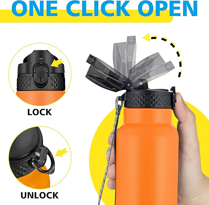 Han's Bottle Sports Water Bottle - 32 Oz, Straw Lid, Leak Proof, Vacuum Insulated Stainless Steel, Double Walled, Thermo Mug,Fire