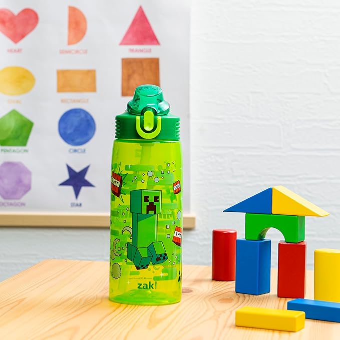 Zak Designs Minecraft Sage Water Bottle For School or Travel, 25oz Durable Plastic Water Bottle With Straw, Handle, and Leak-Proof, Pop-Up Spout Cover (Creeper)