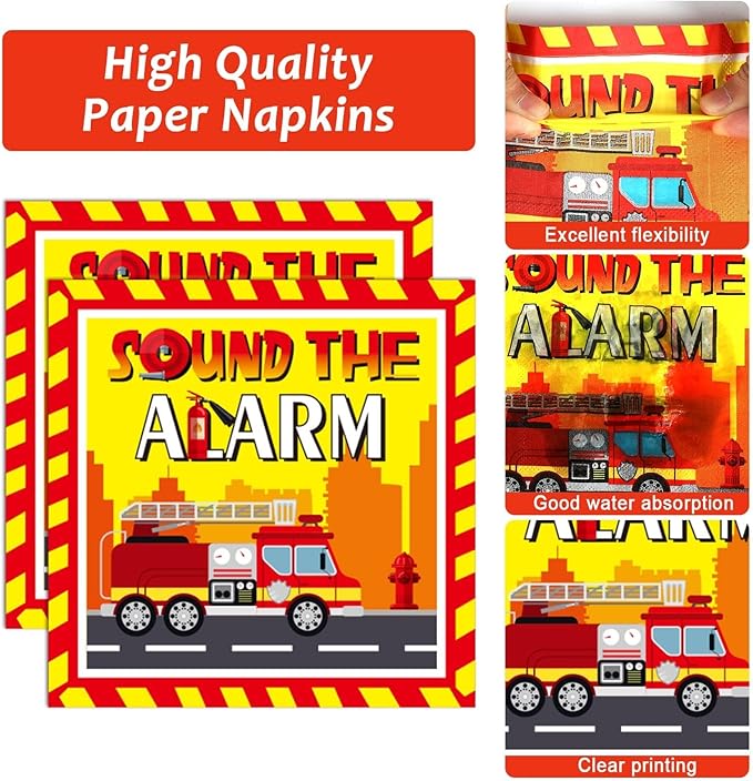100 Pcs Firetruck Birthday Party Decorations Fireman Plates and Napkins for Firefighter Party Supplies Fire Truck Birthday Theme Disposable Dinnerware Set for Kids Fireman Party Favors Serve 25