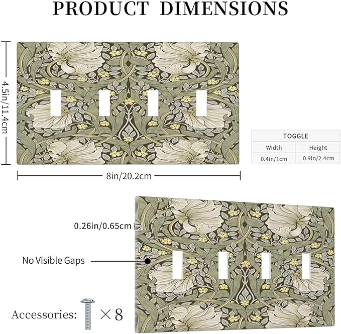 William Morris Pimpernel Flowers Plant Floral Light Switch Covers Quad Toggle Electrical Faceplate 4 Gang Wall Plate Decorative Switch Plates Cover for Farmhouse Living Room Decor