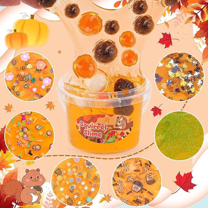 Squirrel Orange Slime Kit, Clear Slime Bucket with Clay, 10 Packs of Add-ins, Slimes Party Favors for Kids, Sensory Toys Experience DIY Slimes Kit, Birthday Easter Hallowmas Gift for Girls & Boys