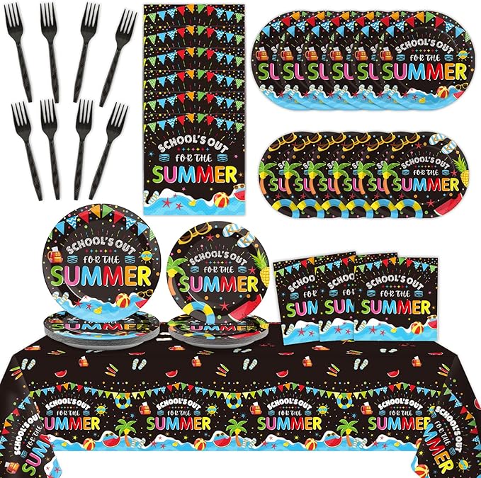 School's Out for The Summer Tableware Set for Kids Class End of School Year Theme Plates Supplies School's Out Plates Napkins Tablecloths Serves 24 Guests Graduation Preschool Party Decorations Favors