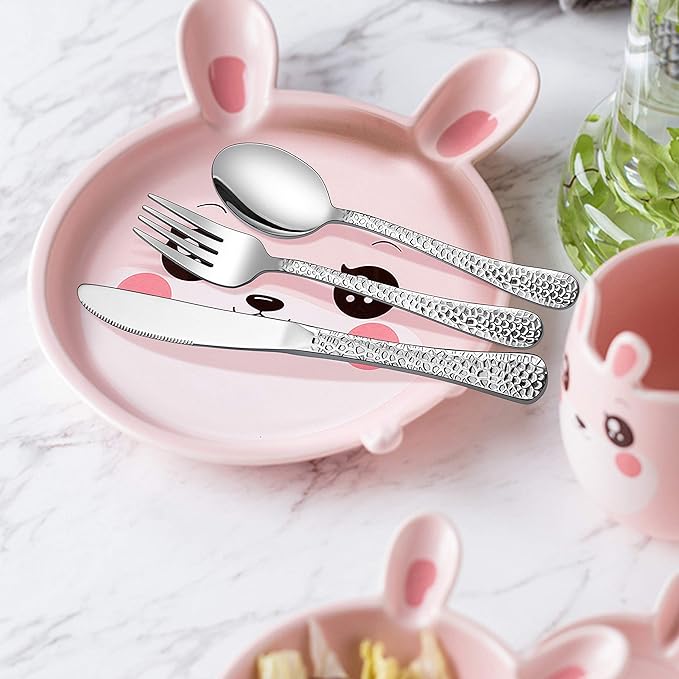 LIANYU 15-Piece Kids Utensils Silverware Set, Stainless Steel Toddler Hammered Flatware Cutlery, Children Tableware Includes Knives Forks Spoons, Dishwasher Safe