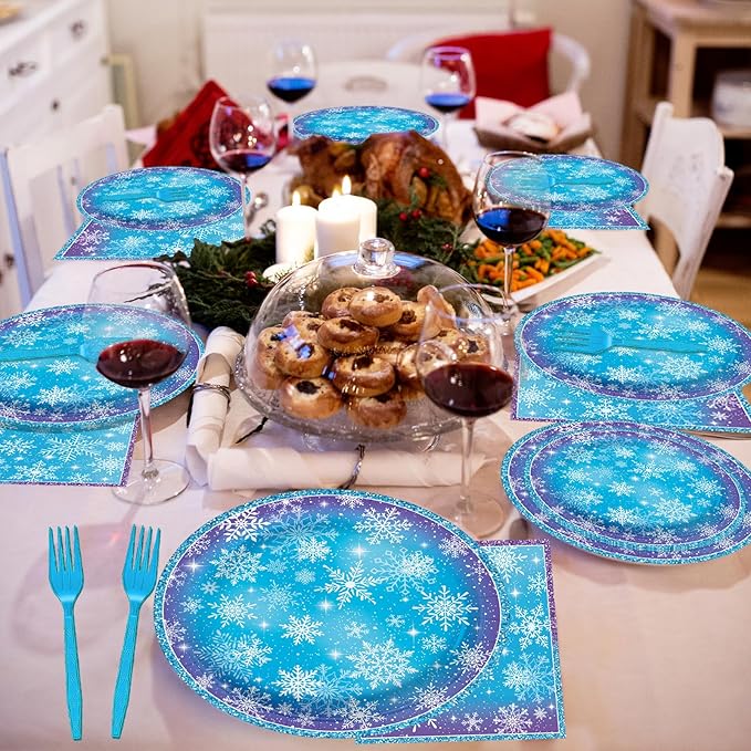 100 Pcs Snowflake Winterland Tableware Party Supplies Set, Serves 25 – Disposable Snowflake Paper Plates, Napkins, and Forks, Winter Dinnerware for Christmas, Birthday, and Baby Shower Decorations