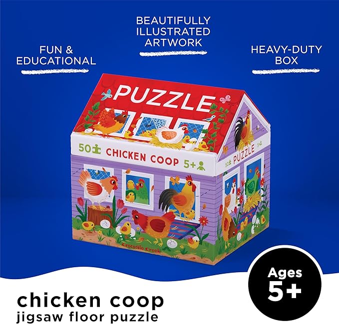 Crocodile Creek 50-Piece Jigsaw Puzzle - Fun Table or Floor Puzzles for Kids Ages 4-6 and Up - Includes Heavy-Duty Shaped Box for Storage - Chicken Coop - 14" x 18" Finished
