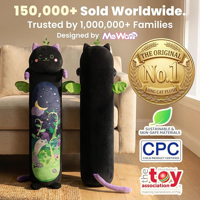 Mewaii Long Cat Plush 5 Sizes, 120% Extra Filling Giant Plushness Kids Body Pillow, Kawaii Cute Black Cat Stuffed Animals Plushies, Big Long Body Pillow Black Cat Plush Gift for Girls 20”