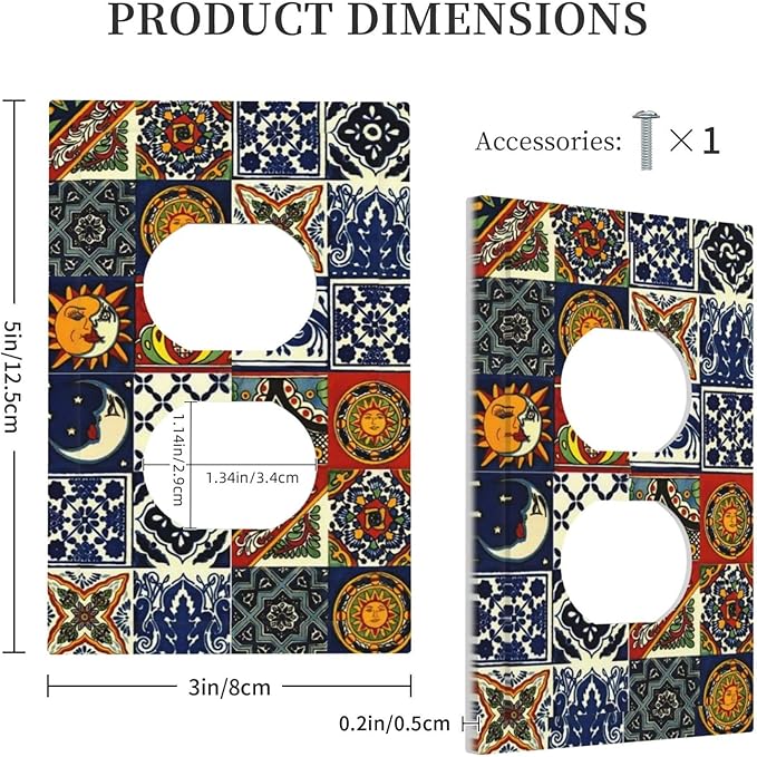 Kitchen Blue/Red Boho Mexican Talavera Tile 1 Gang Duplex Wall Plate Receptacle Outlet Covers Bohemian Moroccan Mosaic Tiles Decorative Electrical Dual Device Light Switch Plug Socket Faceplate Cover