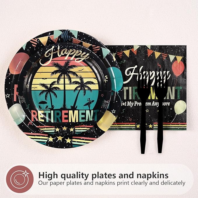 96Pcs Vintage Retirement Party Decorations Colorful Vintage Happy Retirement Plates and Napkins Tableware Sets Retired Themed Decorations for Men Women Retired Farewell Party Supplies Serves 24
