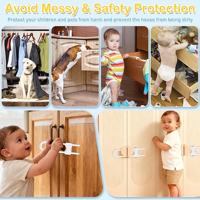 Modacraft 10 Pcs Sliding Cabinet Latches, U Shaped Cabinet Door Locks, Baby Cabinet Safety Latches for Baby Proofing, No Drilling Tool-Free Installation Easy to Use for Knobs or Handle Double Door
