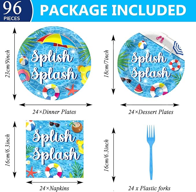 Splish Splash 96Pcs Bash Tableware Set - Pool Party Plates, Napkins, Dessert Plates for 24 Guests - Summer Beach Hawaiian Birthday Party Favors & Decorations