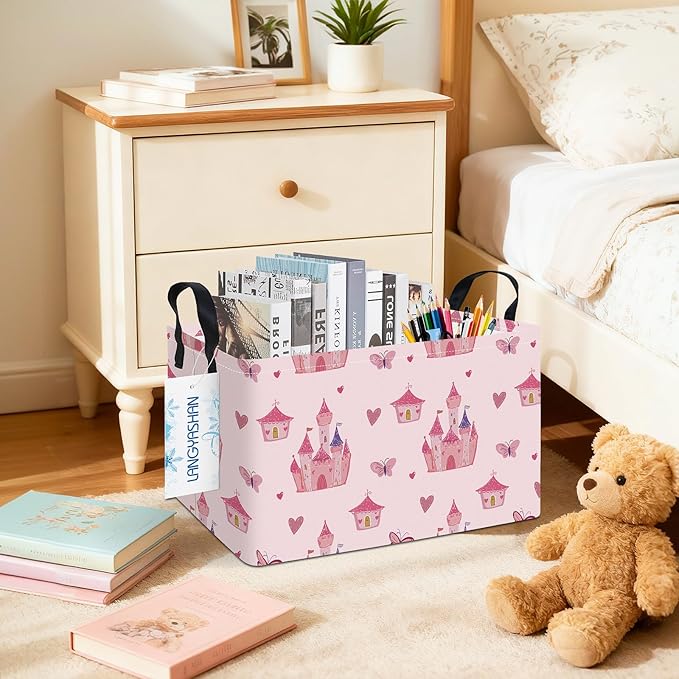 LANGYASHAN Rectangular Girl Storage Bin Collapse Canvas Fabric Cartoon Storage Basket with Handles for Organizing Home Kitchen Boys and Girls Toys Office Closet Shelf Baskets (Rec Pink Castle)