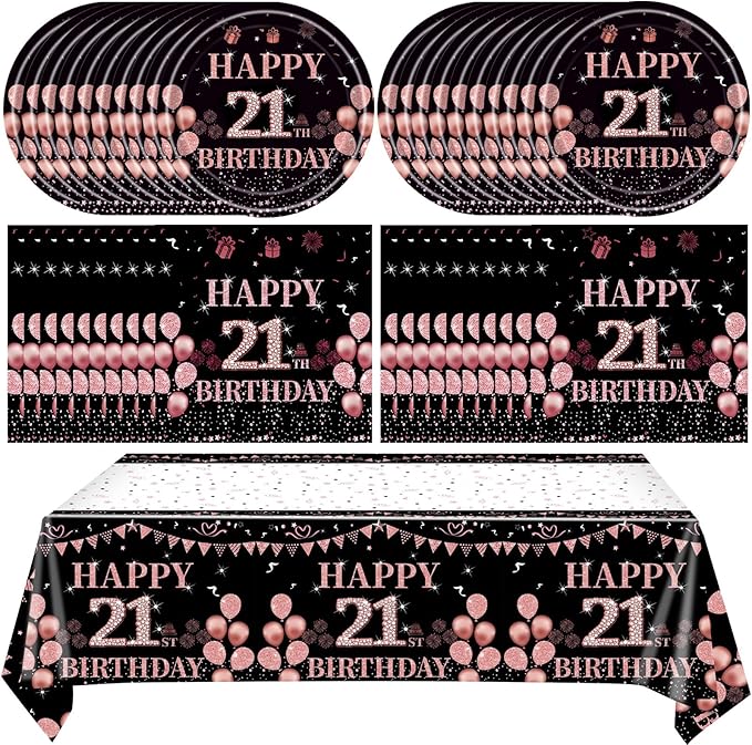 Ryzovo 41Pcs 21st Birthday Tableware Decorations for Women Girls Rose Gold Happy 21 Birthday Party Supplies for Her Includes Tablecloth,Plates,Napkins for Sweet Girls 21st Birthday Party