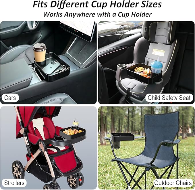 Car Seat Snack Tray for Kids, Mess-Free Square Travel Tray Cup Holder Snack Tray, Durable Car Food Tray for Toddlers, Universal Fit Kids Travel Road Trip Essentials (2Pcs black)