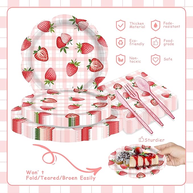 192pcs Strawberry Birthday Party Decorations Plates Napkins Disposable Paper Cups Straws Strawberry Tableware Set Party Supplies for Girls Kids Birthday Decor Serve 24 Guests