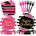 96Pcs Black and Pink Birthday Party Supplies Happy Birthday Plates and Napkins Hot Pink Rose Black White Stripe Tableware Set for Girls Women Couple Birthdays Party Supplies Serves 24