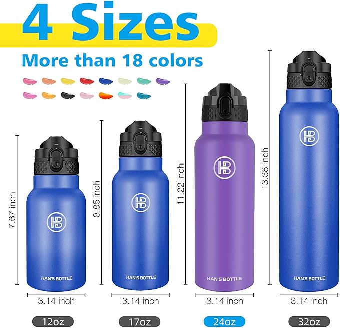 Han's Bottle Sports Water Bottle - 24 Oz, Straw Lid, Leak Proof, Vacuum Insulated Stainless Steel, Double Walled, Thermo Mug,Purple