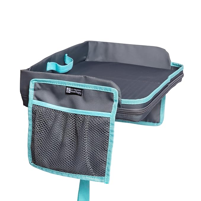 J.L. Childress 3-IN-1 Kids Travel Tray & Tablet Holder - Car Seat Lap Tray Desk for Toddlers, Road Trip Essentials, Car Seat Activity Table, Travel Accessories - Grey/Teal