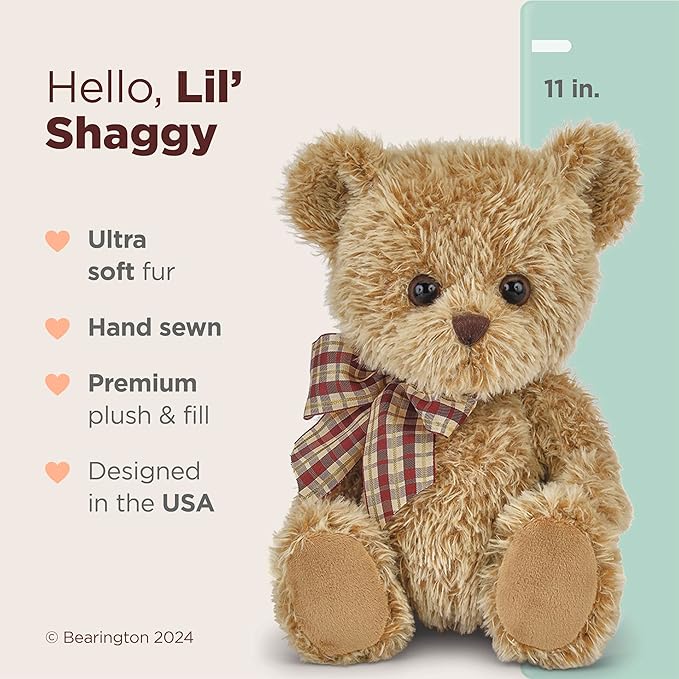 Bearington Baby Shaggy The Small Teddy Bear Stuffed Animal - 11" Soft Brown Plush Toy with Classic Vintage Look - Adorable Cuddly Teddy Bear for Infants - Stuffed Bears Plush Gift for Kids