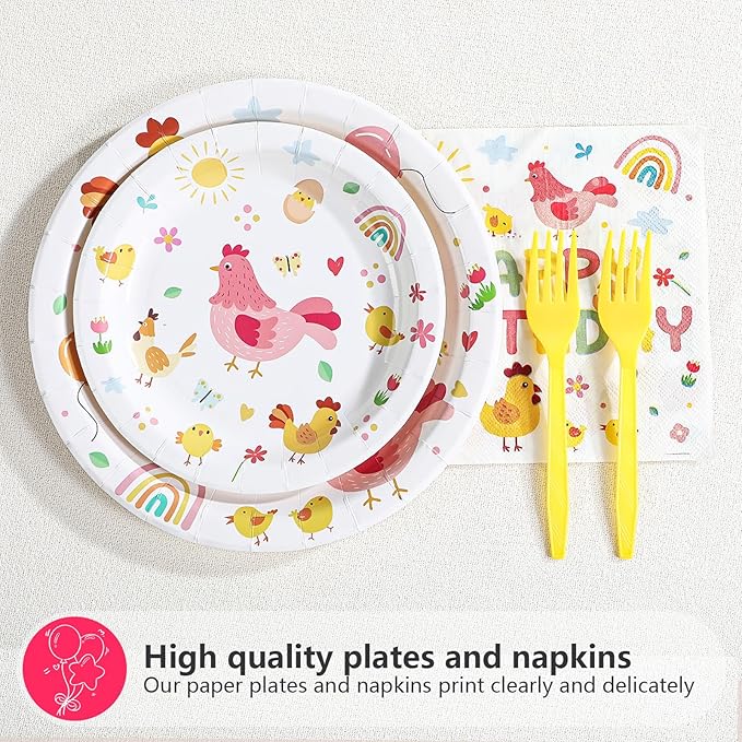Grencian Chicken Birthday Party Decorations - 96Pcs Little Chick Birthday Plates and Napkins Farm Animal Barnyard Baby Shower Disposable Tableware for Kids Boys Girls Chicken Themed Party Decorations