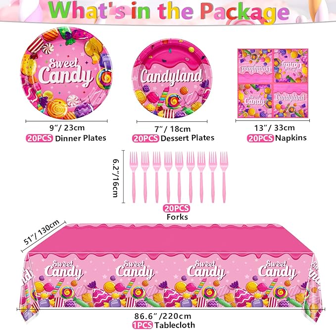Candyland Party Decorations - 81Pcs Plates, Napkins, Candy Tablecloth, Pink Forks Set for Lollipop Theme Birthday Party Decorations Candy Theme Party Supplies, Serve 20
